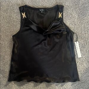 Nicole Miller New York Black Silky Top with Gold Clasp Accents